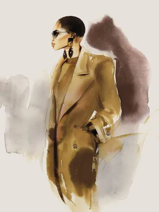 Watercolor fashion illustration of woman in brown coat by Petra Dufkova