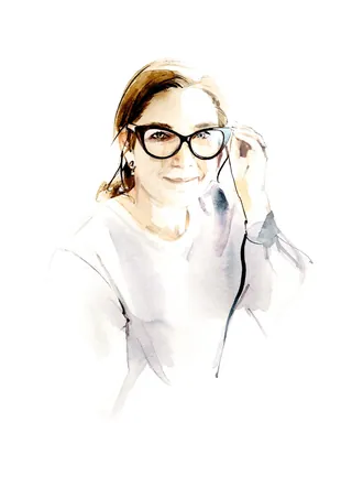 Watercolor portrait of a woman adjusting her glasses by Petra Dufkova