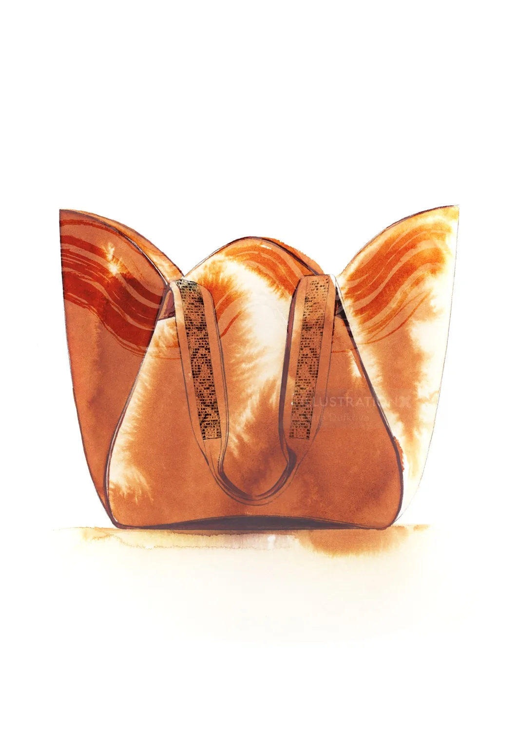 Brown leather handbag with curved design and intricate patterns by Petra Dufkova