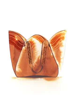 Brown leather handbag with curved design and intricate patterns by Petra Dufkova