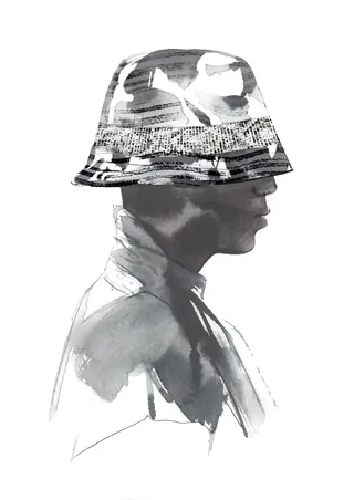 Monochrome profile of person wearing patterned bucket hat by Petra Dufkova