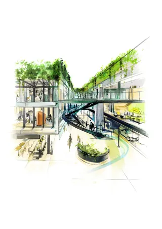 Interior view of a multi-level shopping mall with plants and glass railings