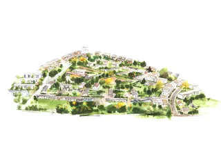Aerial illustration of suburban houses surrounded by trees and green spaces