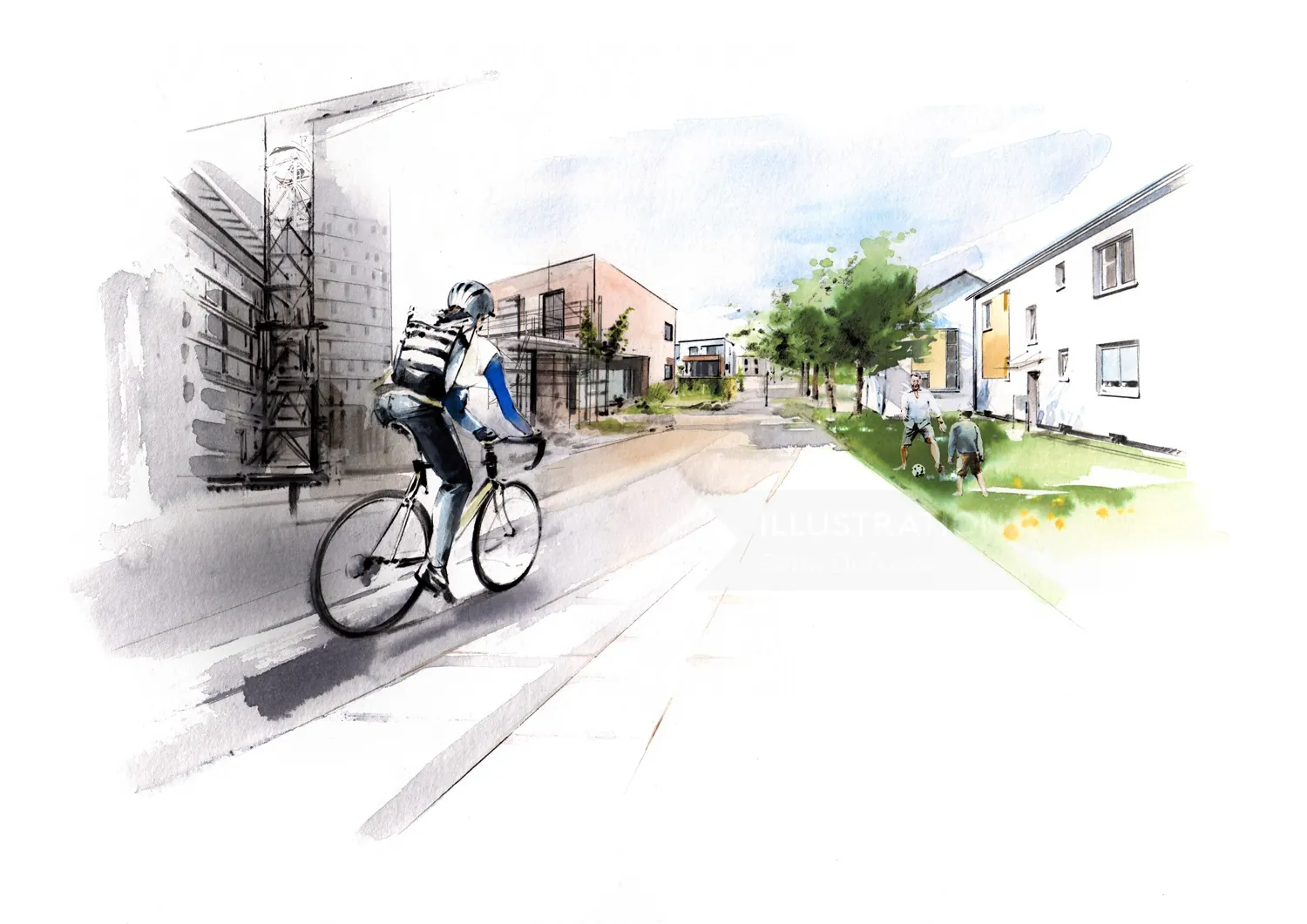 Radfahrer fährt in einem Wohngebiet mit Häusern und Bäumen im Aquarellstil