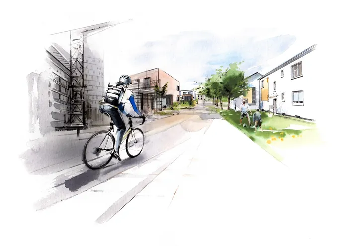 Cyclist riding a bike in a residential area with houses and trees in watercolor style
