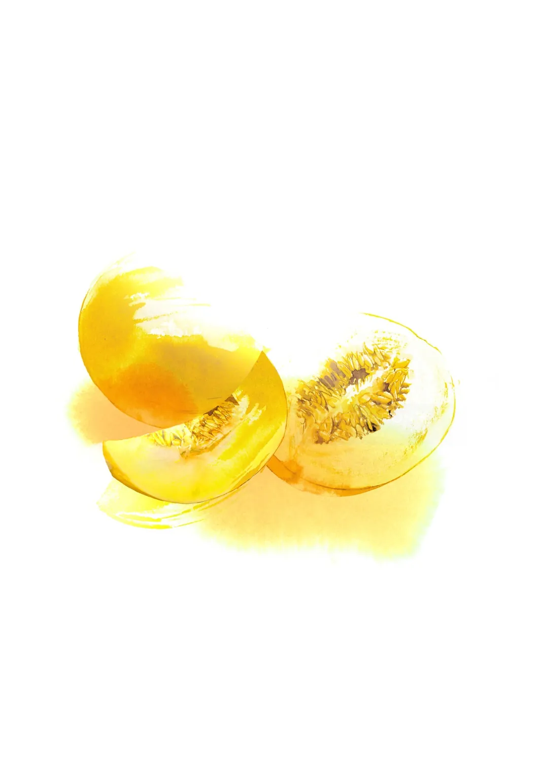 Yellow melon with one sliced open showing inner seeds