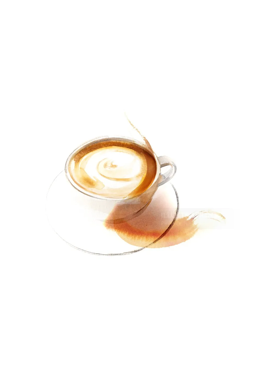Watercolor painting of a coffee cup with latte art on white background