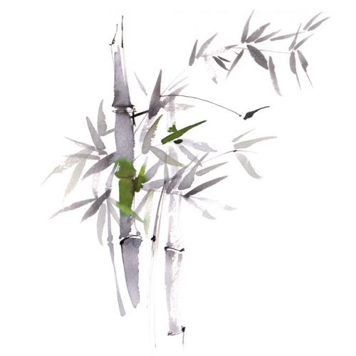 Ink painting of bamboo stalks and leaves with a bird perched on a branch