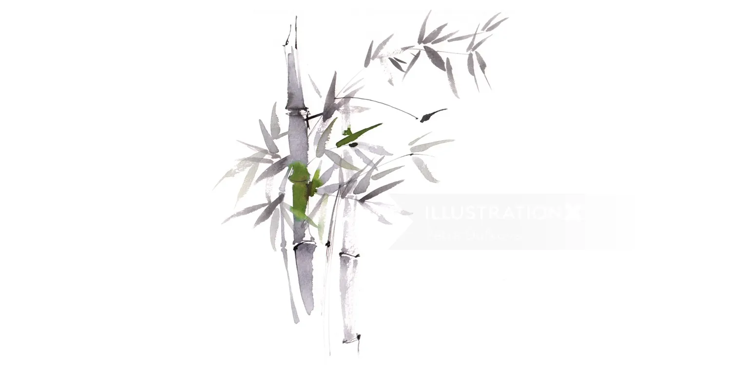 Ink painting of bamboo stalks and leaves with a bird perched on a branch
