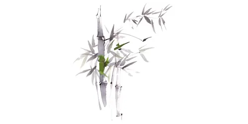Ink painting of bamboo stalks and leaves with a bird perched on a branch