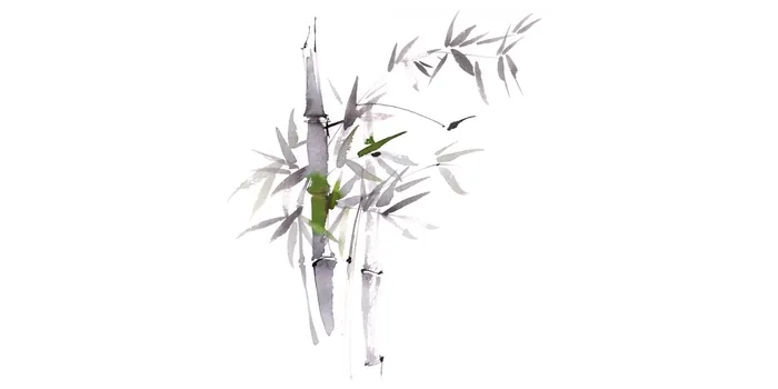 Ink painting of bamboo stalks and leaves with a bird perched on a branch