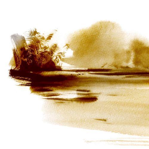 Sepia tone abstract watercolor landscape with trees and water