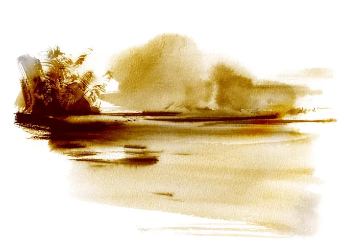 Sepia tone abstract watercolor landscape with trees and water