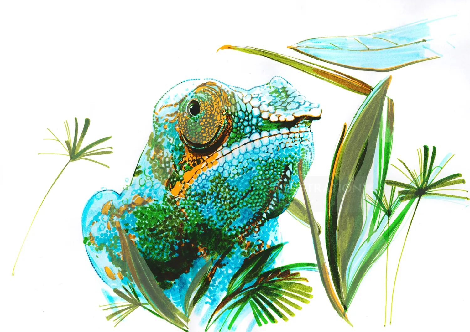 Camaleão azul com pele texturizada entre folhas verdes de plantas