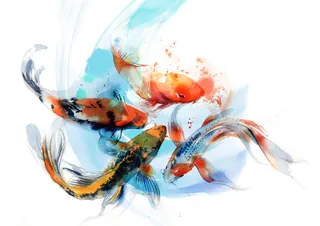 Colorful koi fish swimming in a watercolor style on a white background