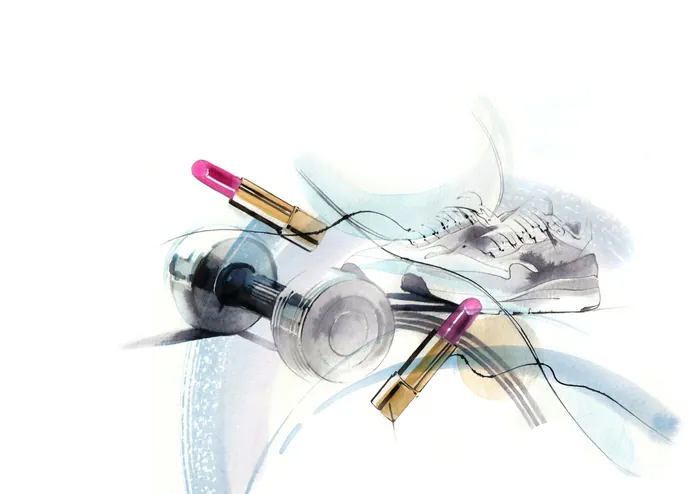 Illustration of two lipsticks and white sneaker with artistic effects