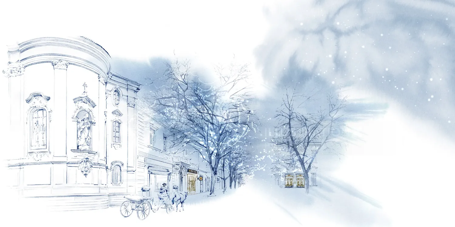 Snowy historic city street with bare trees and classical buildings