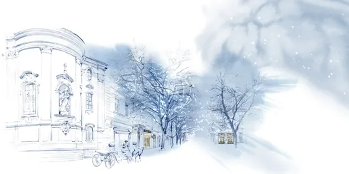 Snowy historic city street with bare trees and classical buildings