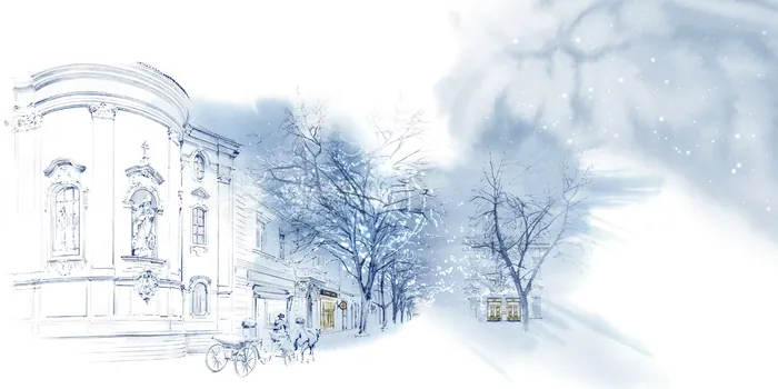 Snowy historic city street with bare trees and classical buildings