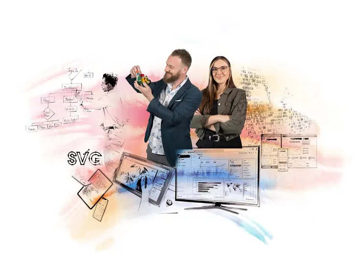 Man and woman working with software design and coding visuals