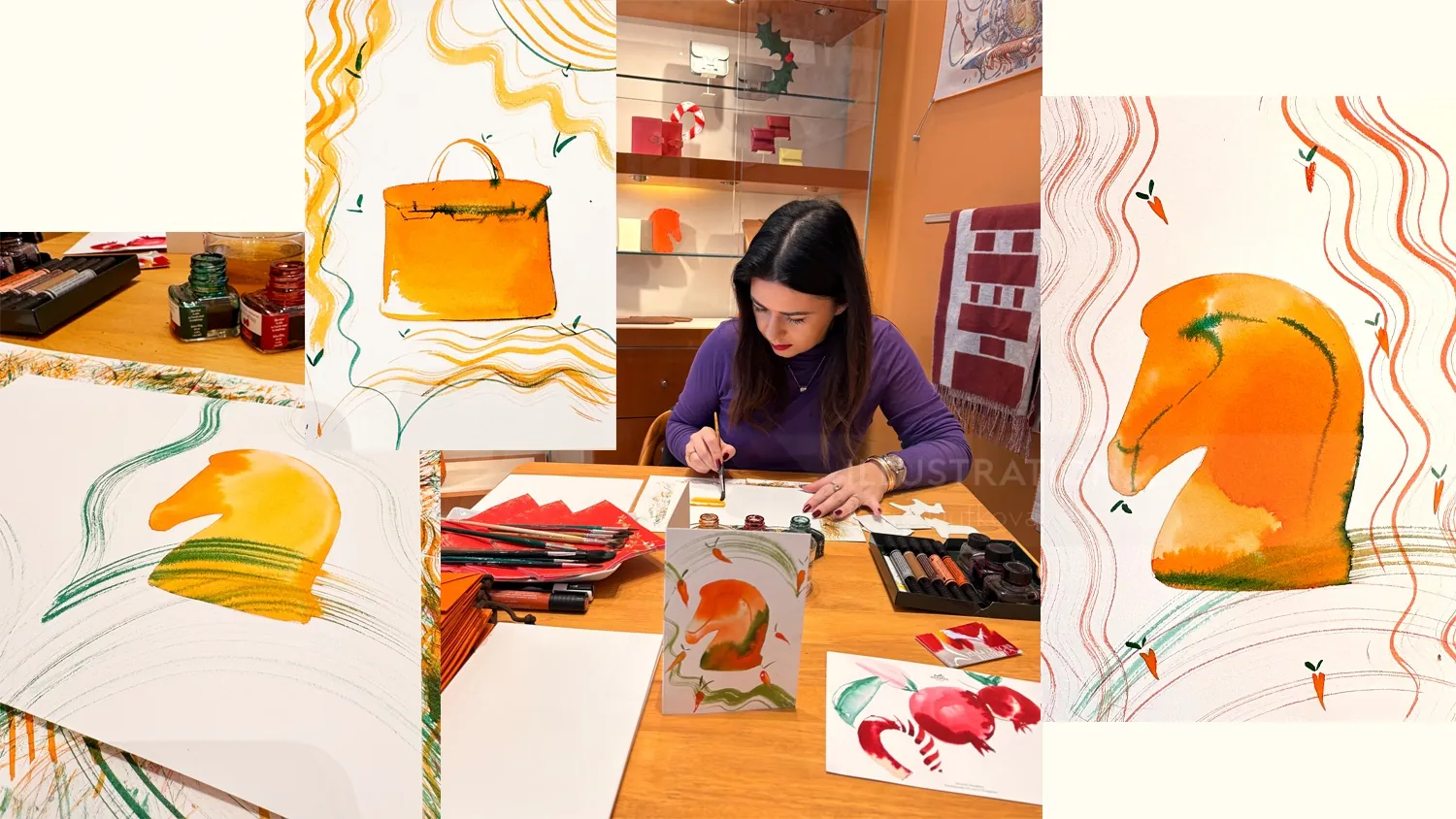Woman painting colorful hats and boots on paper by Petra Dufkova