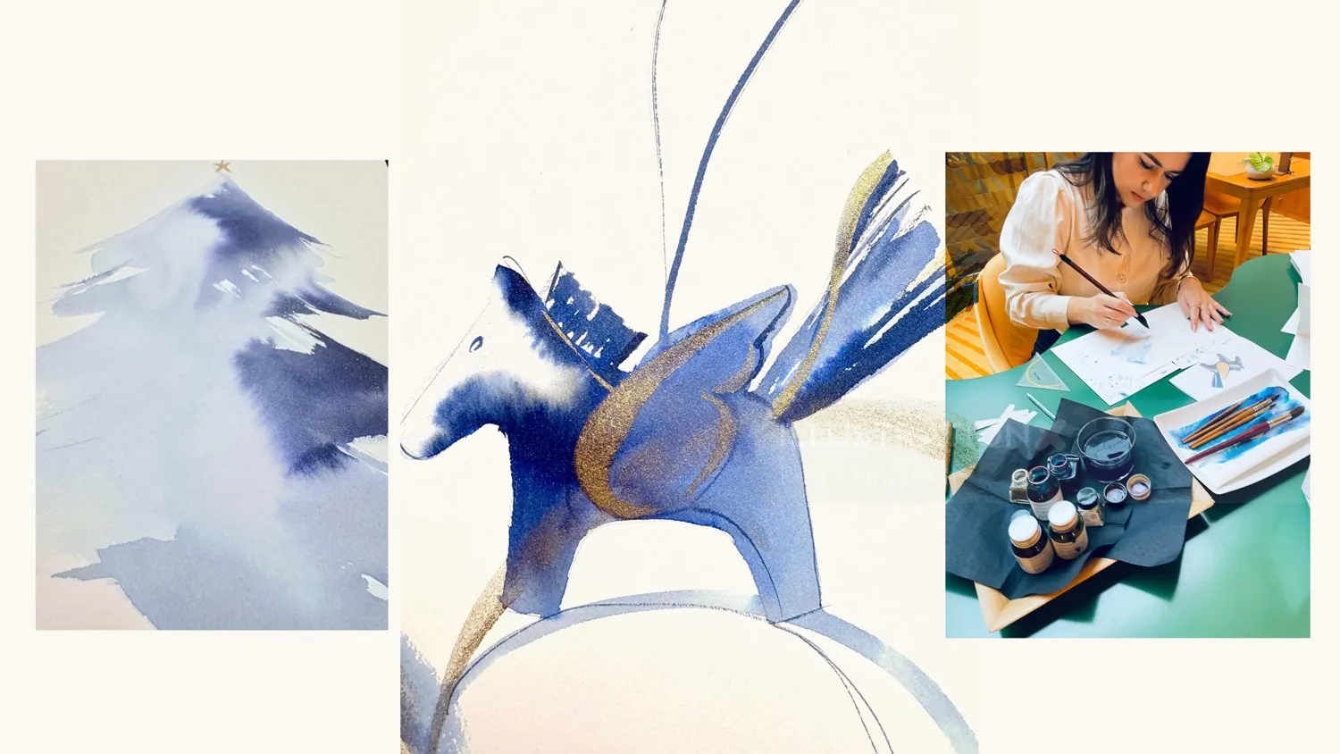 Blue pegasus sculpture and artist Petra Dufkova working on paintings