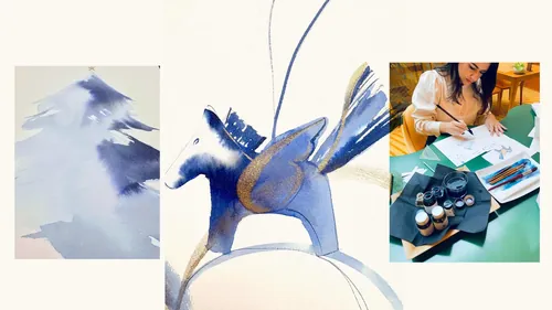 Blue pegasus sculpture and artist Petra Dufkova working on paintings