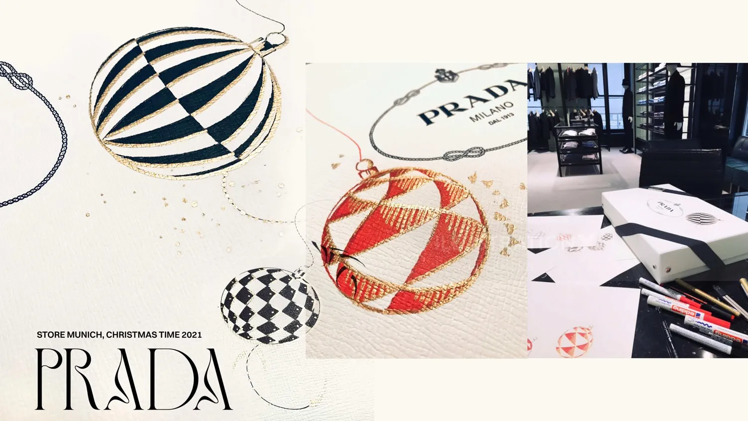 Prada Christmas ornament sketches and design materials by Petra Dufkova