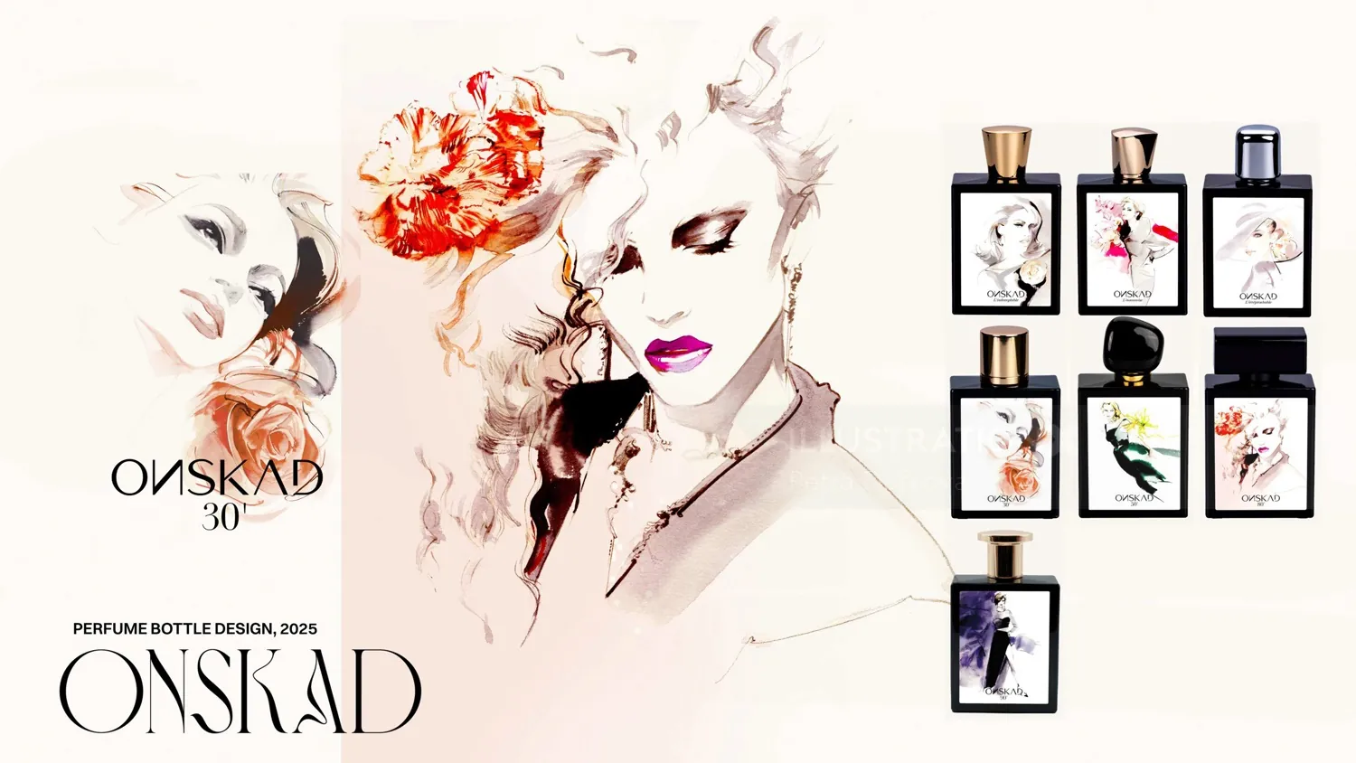 Watercolor perfume bottle designs with female portraits by Petra Dufkova