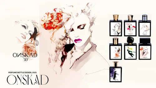 Watercolor perfume bottle designs with female portraits by Petra Dufkova