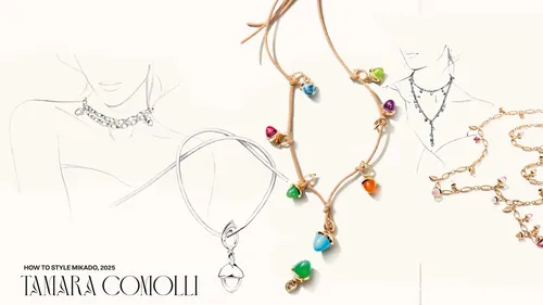 Jewelry collection with colorful gemstones and gold chains by Petra Dufkova