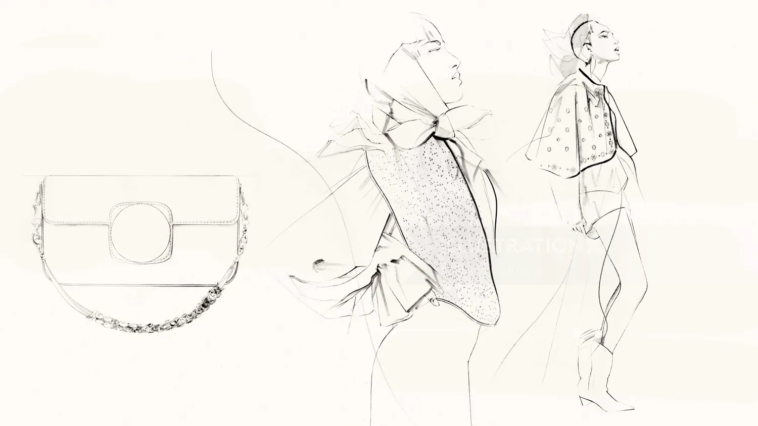 Fashion illustration showing two models and handbag sketch by Petra Dufkova