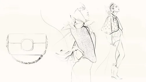 Fashion illustration showing two models and handbag sketch by Petra Dufkova