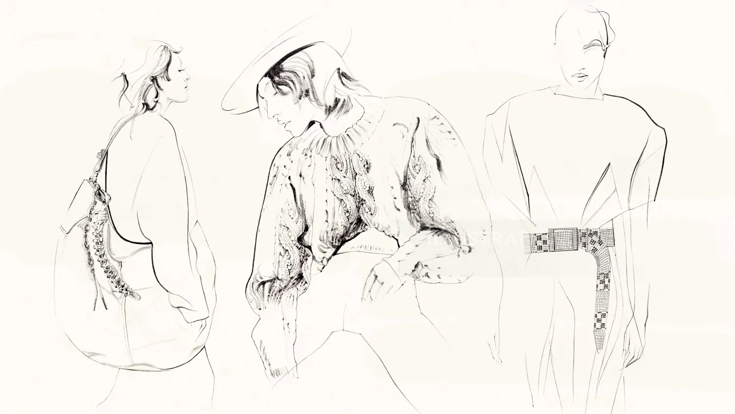 Fashion sketches of three figures wearing loose and detailed clothing by Petra Dufkova