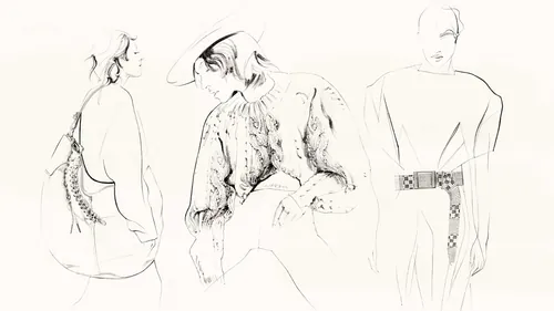 Fashion sketches of three figures wearing loose and detailed clothing by Petra Dufkova