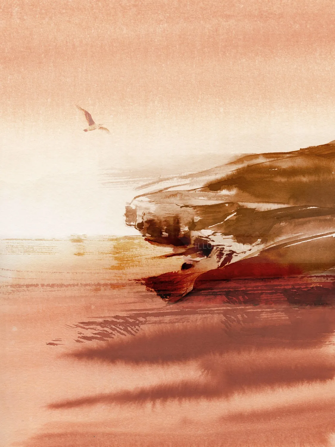 Sunset seascape with rocky cliffs and a bird flying by Petra Dufkova