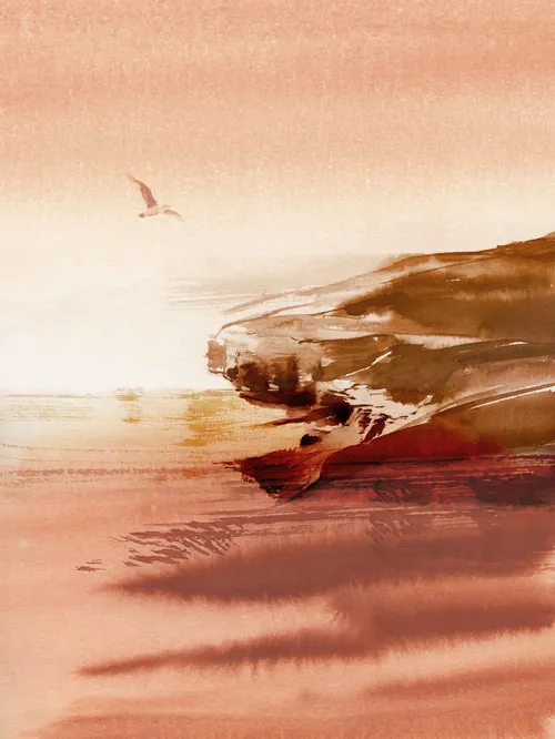 Sunset seascape with rocky cliffs and a bird flying by Petra Dufkova