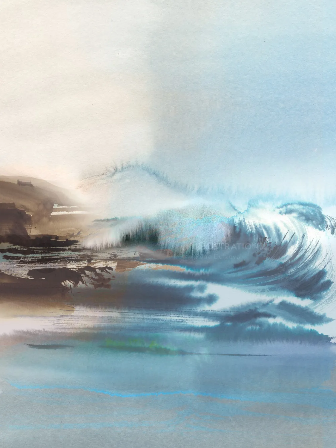 Abstract ocean wave watercolor painting by Petra Dufkova