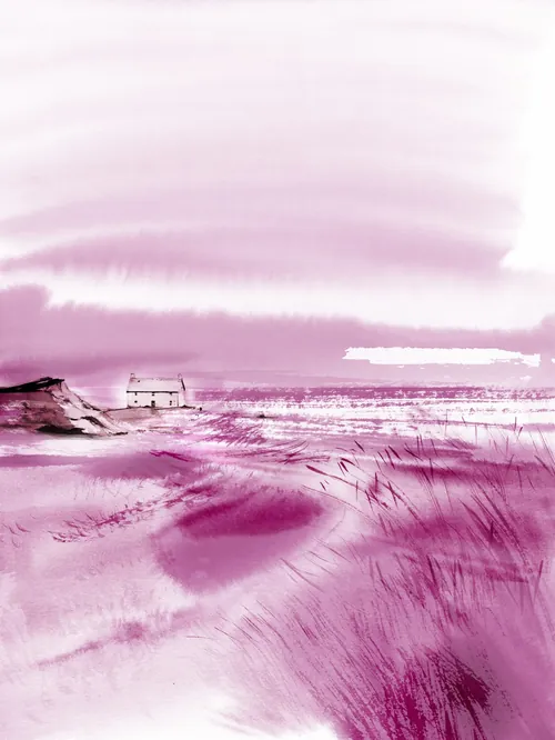 Purple coastal landscape with dunes and a distant house by Petra Dufkova