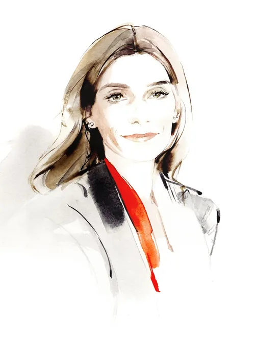 Watercolor portrait of a woman wearing a red collar and grey blazer by Petra Dufkova