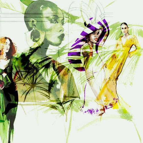 Ilustración de moda abstracta con cinco modelos con vestidos coloridos por Petra Dufkova