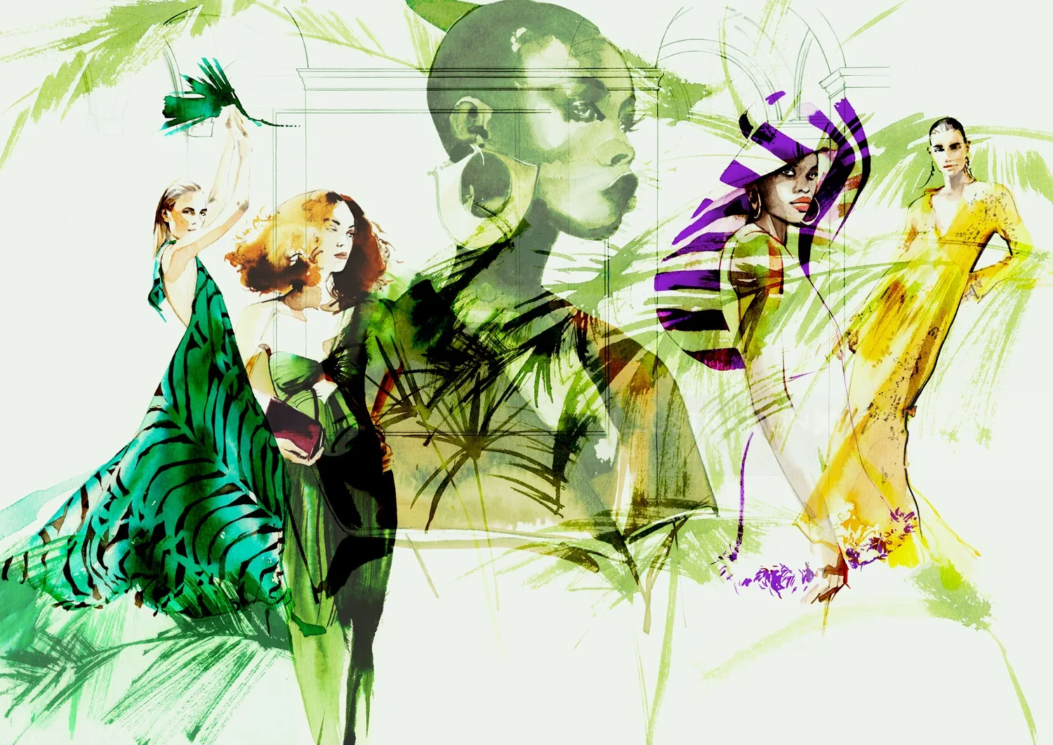 Abstract fashion illustration with five models in colorful dresses by Petra Dufkova