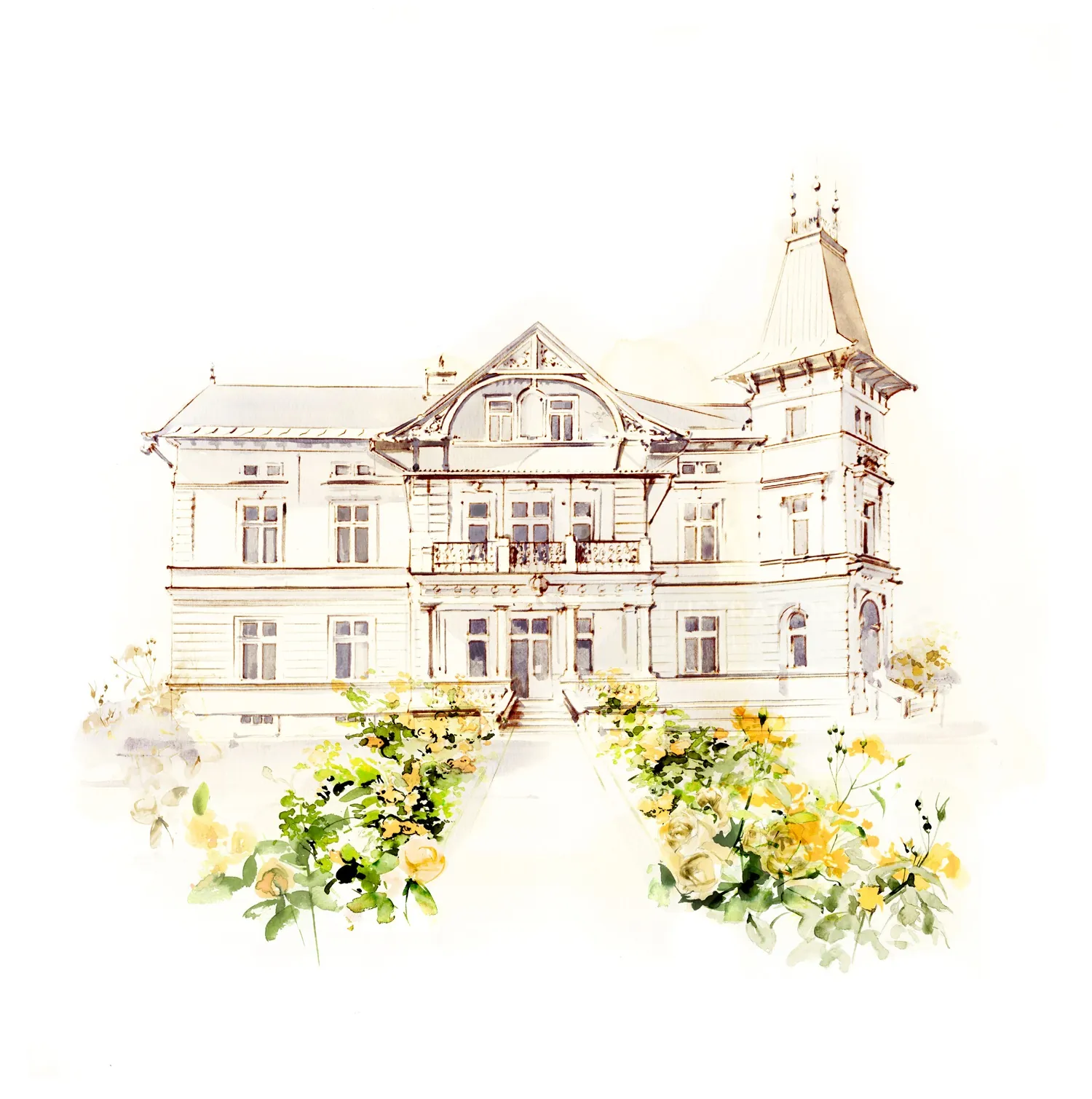 Watercolor of Victorian mansion with garden by Petra Dufkova
