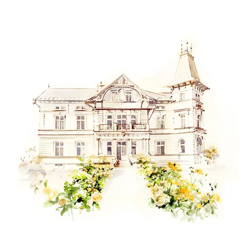 Watercolor of Victorian mansion with garden by Petra Dufkova