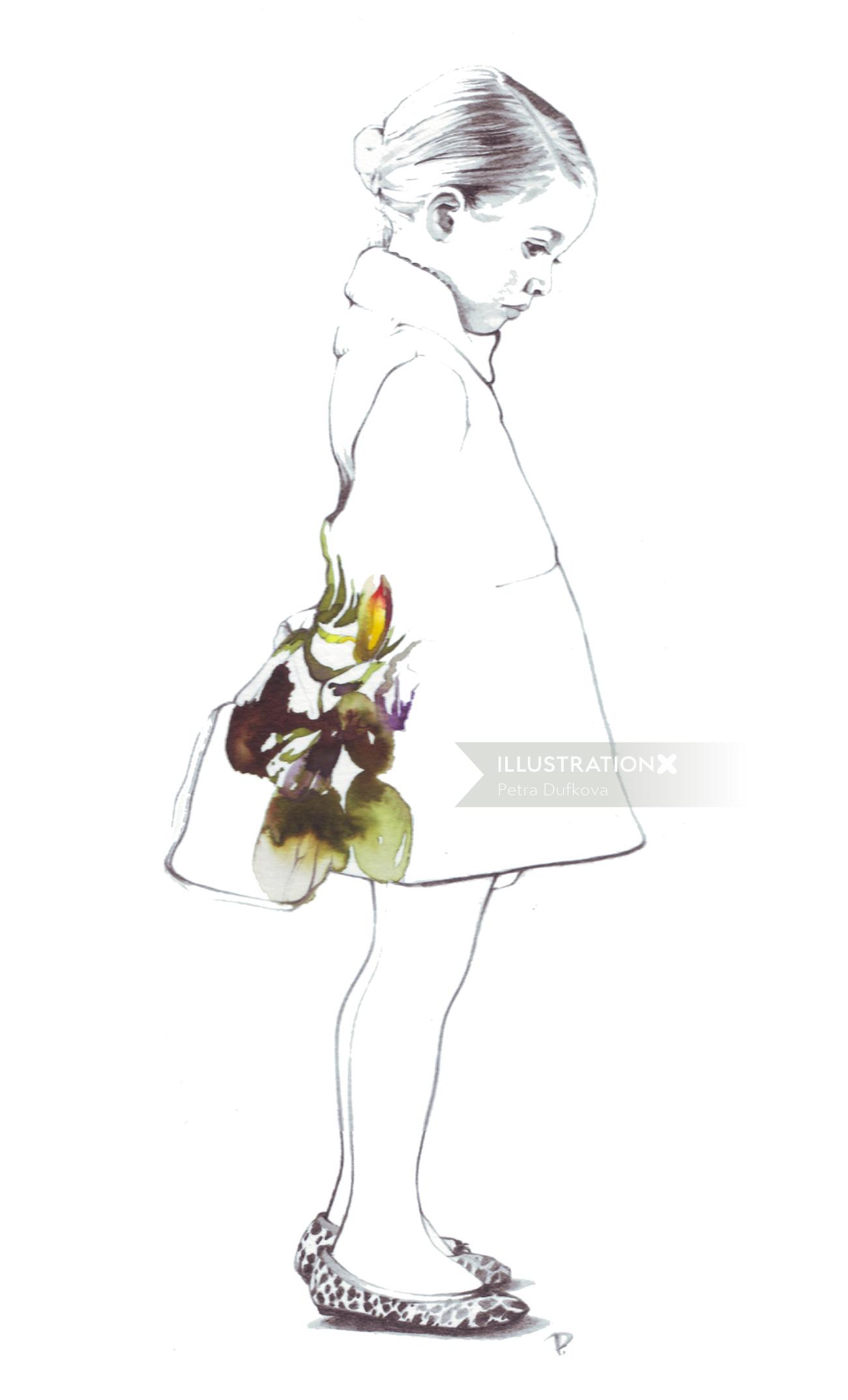 Line illustration of woman with flowers
