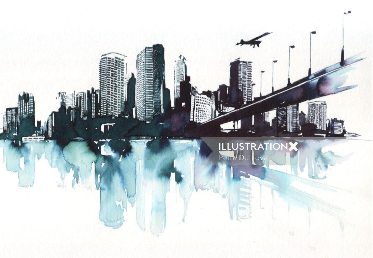 watercolor art of cityscape
