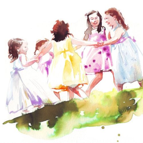 Watercolor drawing of children playing 