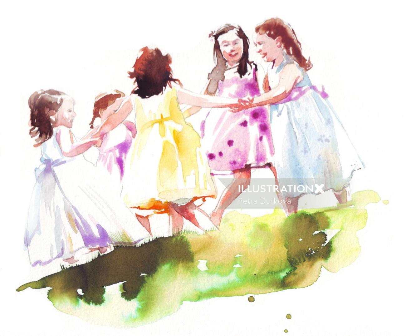 Watercolor drawing of children playing 