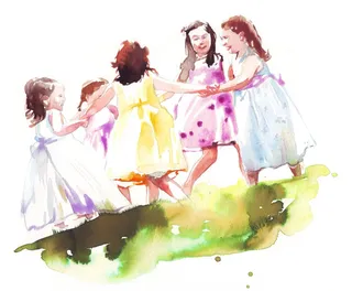 Watercolor drawing of children playing 