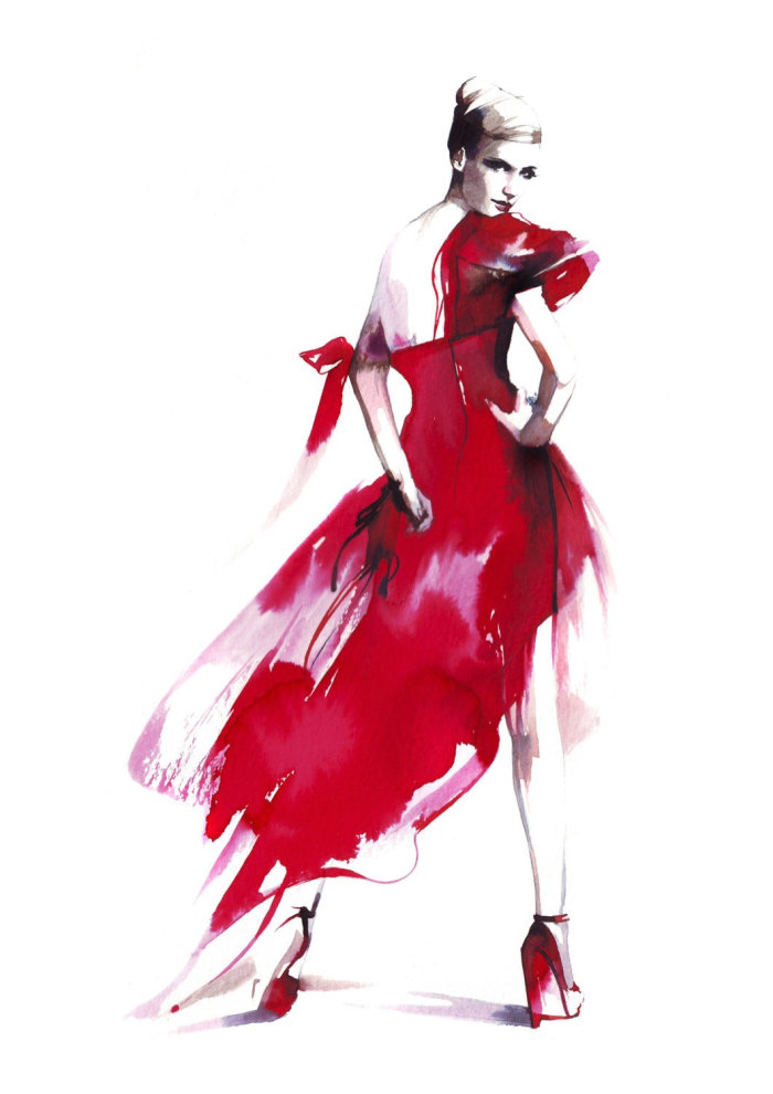 赤いフロックのファッションドレスの女性